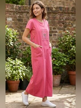 Vintage Cactus California Pink Set Cotton Embroidered Pinafore Maxi Dress/Tee L